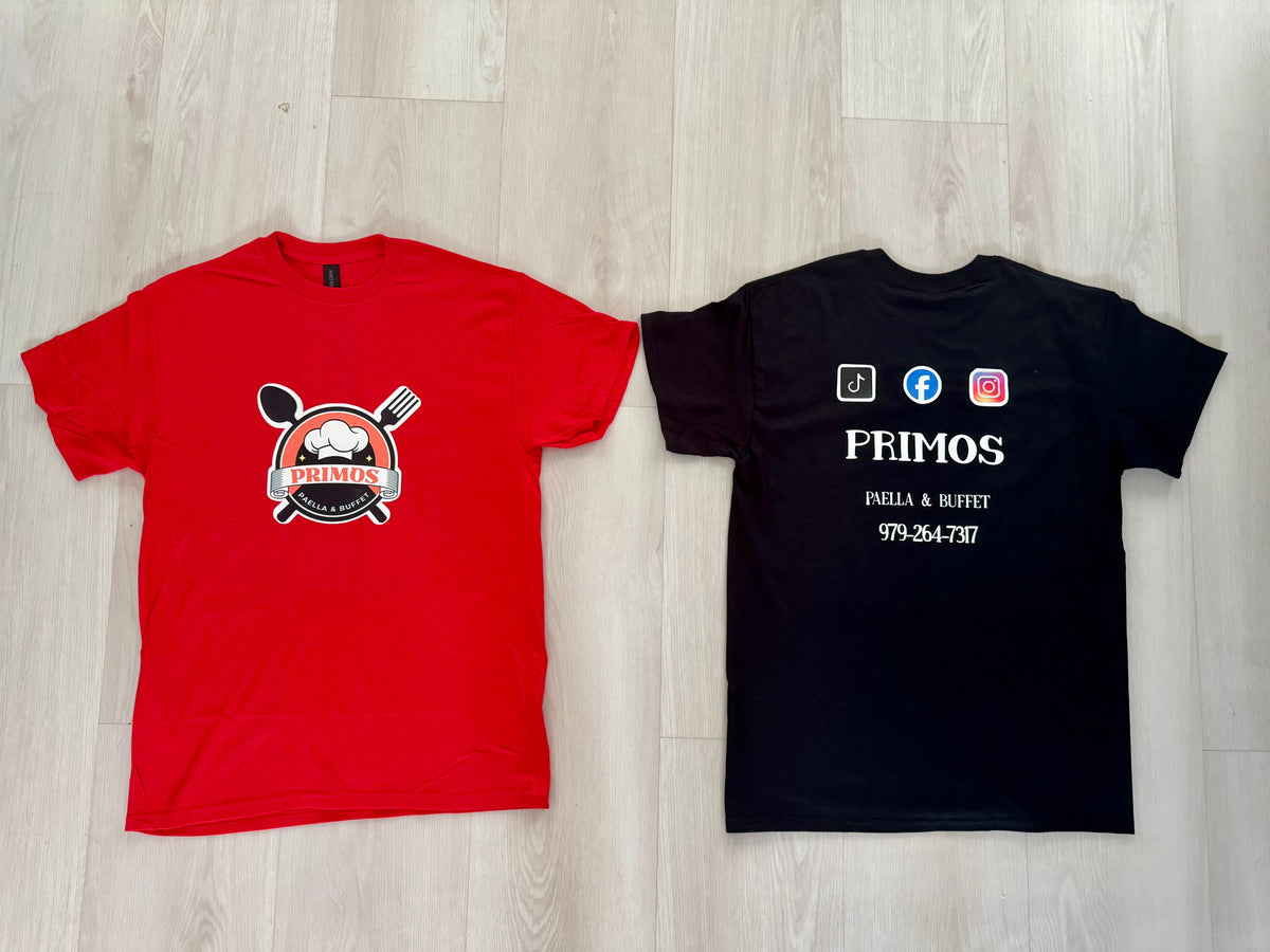 Completed red and black Primos shirts with printed logos