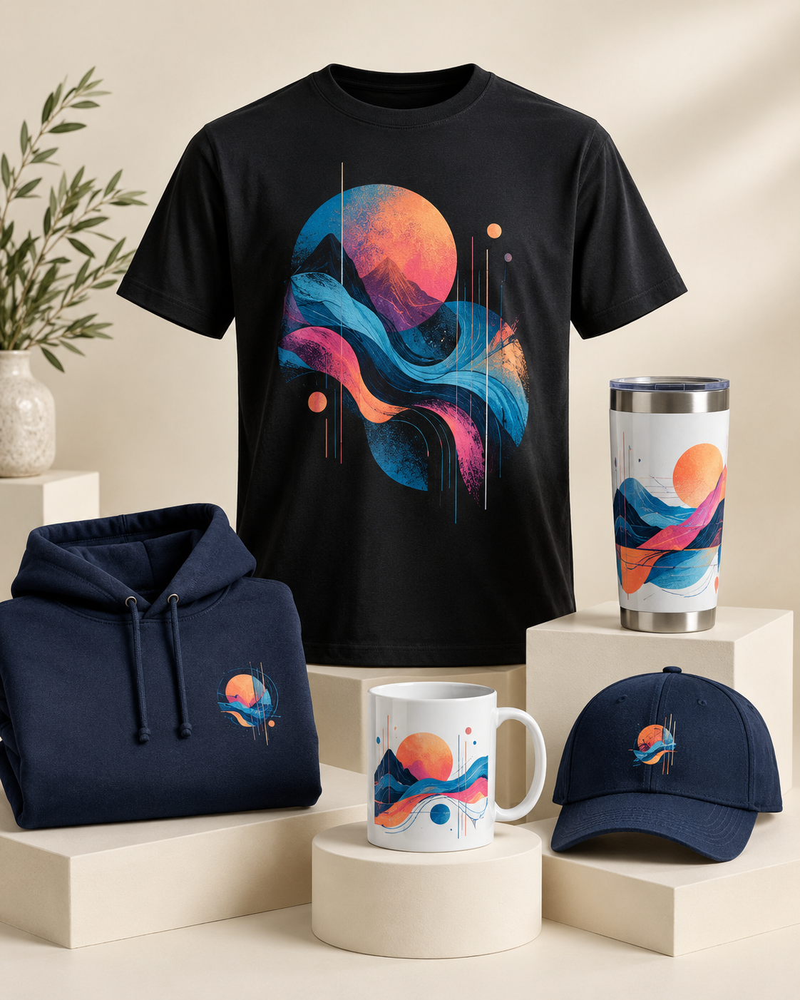 Illustrated display of custom printed apparel, personalized drinkware and an embroidered cap.