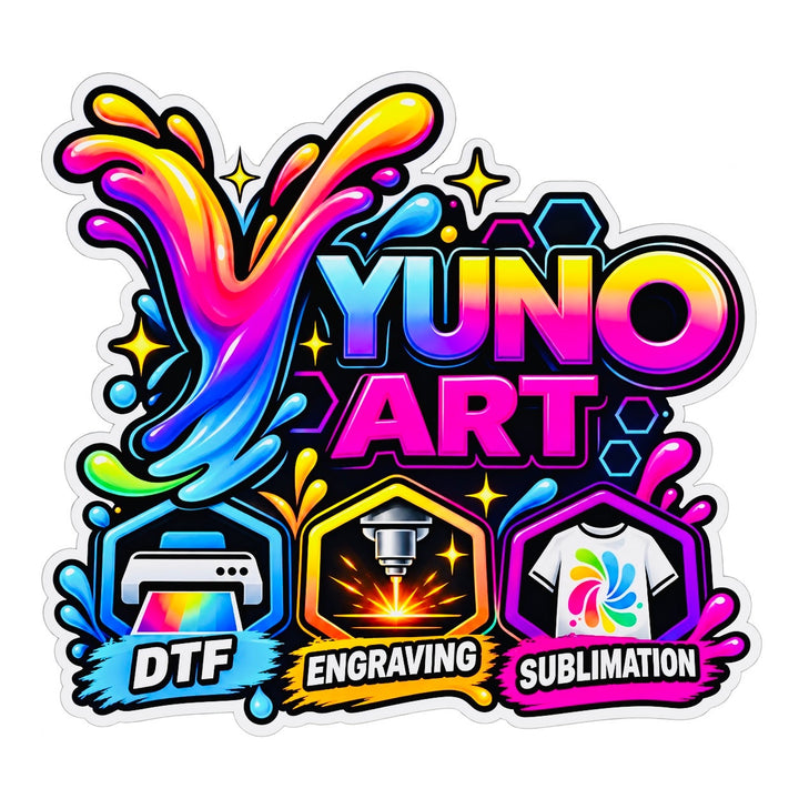 YUNO ART brand illustration in cyan, magenta, yellow, and purple