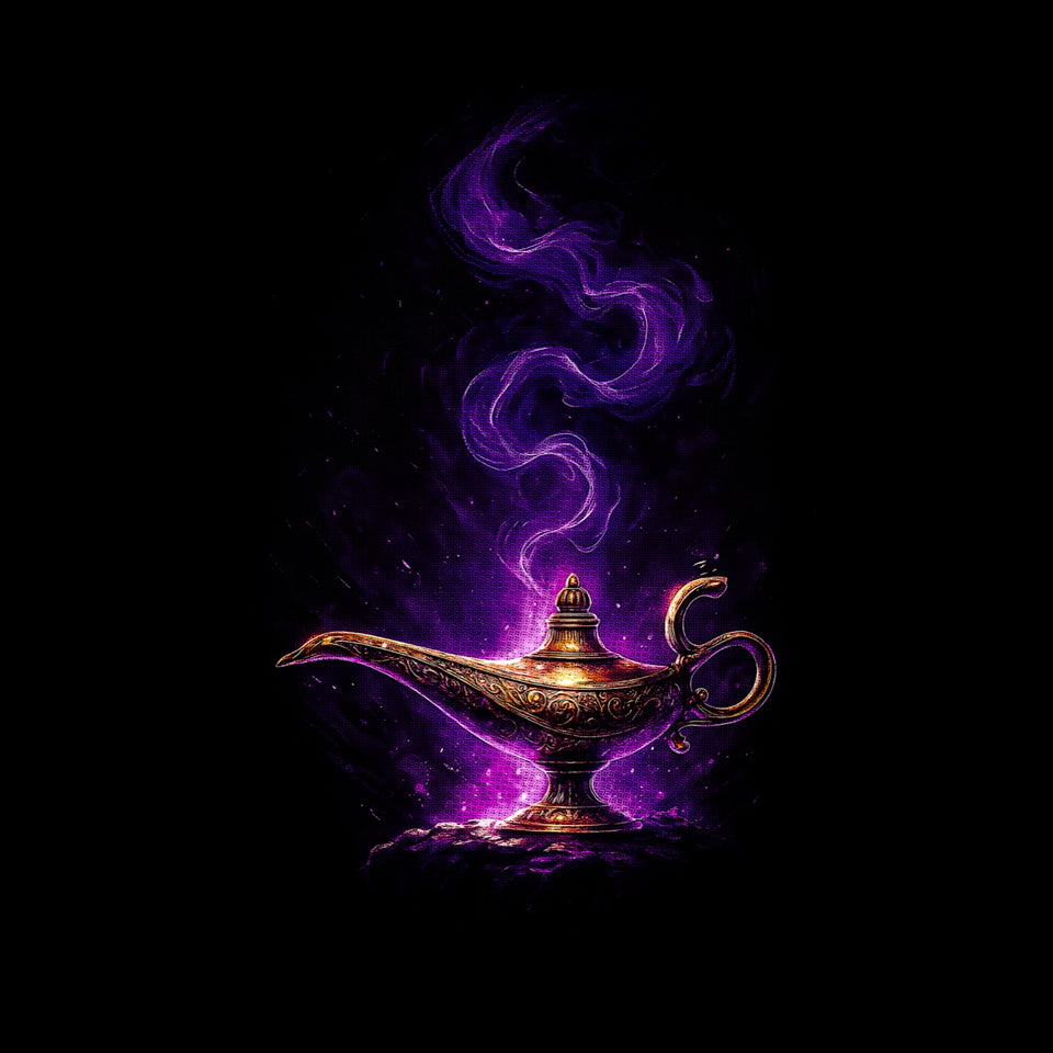Halftone design preview: ornate lamp and purple smoke on a black background