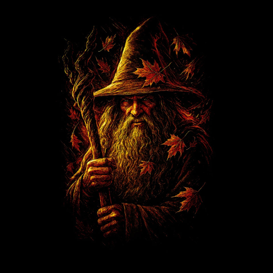 Halftone design preview: autumn wizard in orange and yellow on a black background
