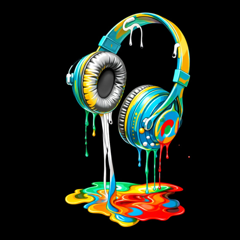 Full-color design preview: colorful melting headphones on a black background